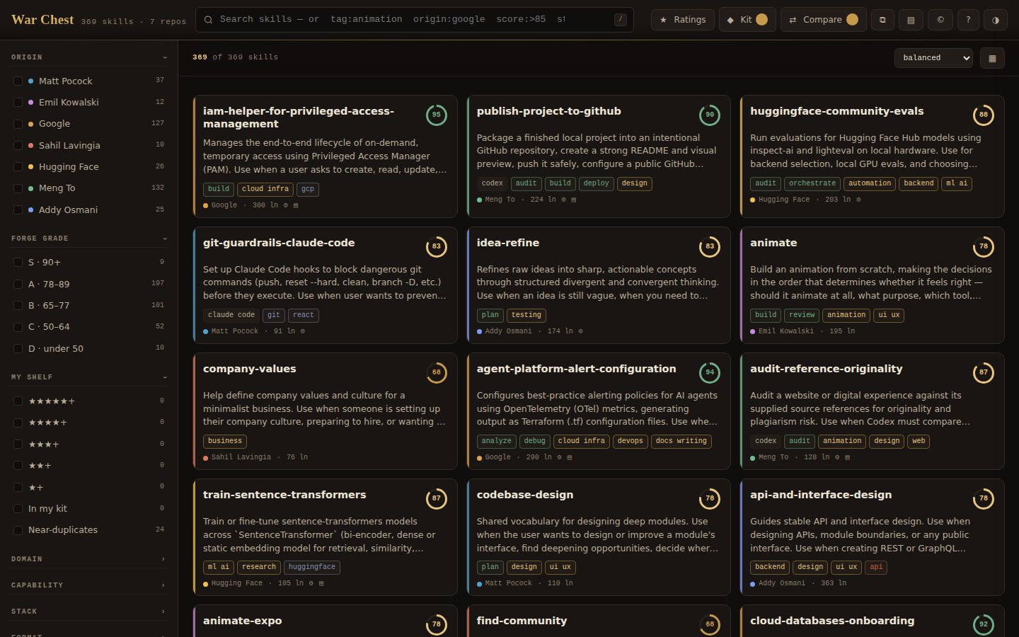 War Chest — a searchable index of 369 AI agent skills